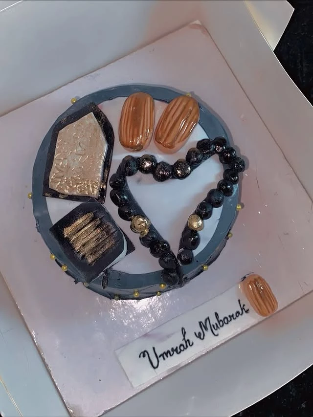 Umrah Mubarak celebration cake with Islamic theme and special religious occasion decorations - Religious Celebration Cakes Karachi By Whisk And Sift